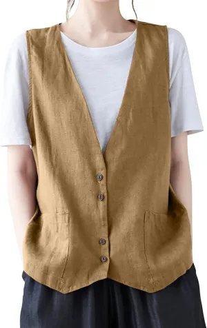 Womens Vest 2023 Summer Cotton Linen Vest Top Vintage Casual Sleeveless Button Down Jacket Loose Vests Outerwear
