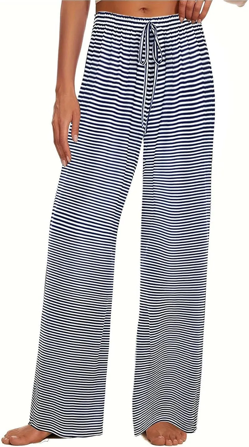 Women's Wide Leg Striped Pajama Pants Casual Elastic Waist Lounge Pants Stretch Pajama Bottoms Trousers