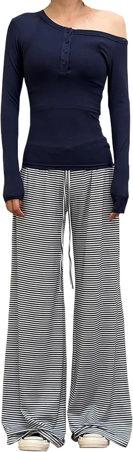 Women's Wide Leg Striped Pajama Pants Casual Elastic Waist Lounge Pants Stretch Pajama Bottoms Trousers