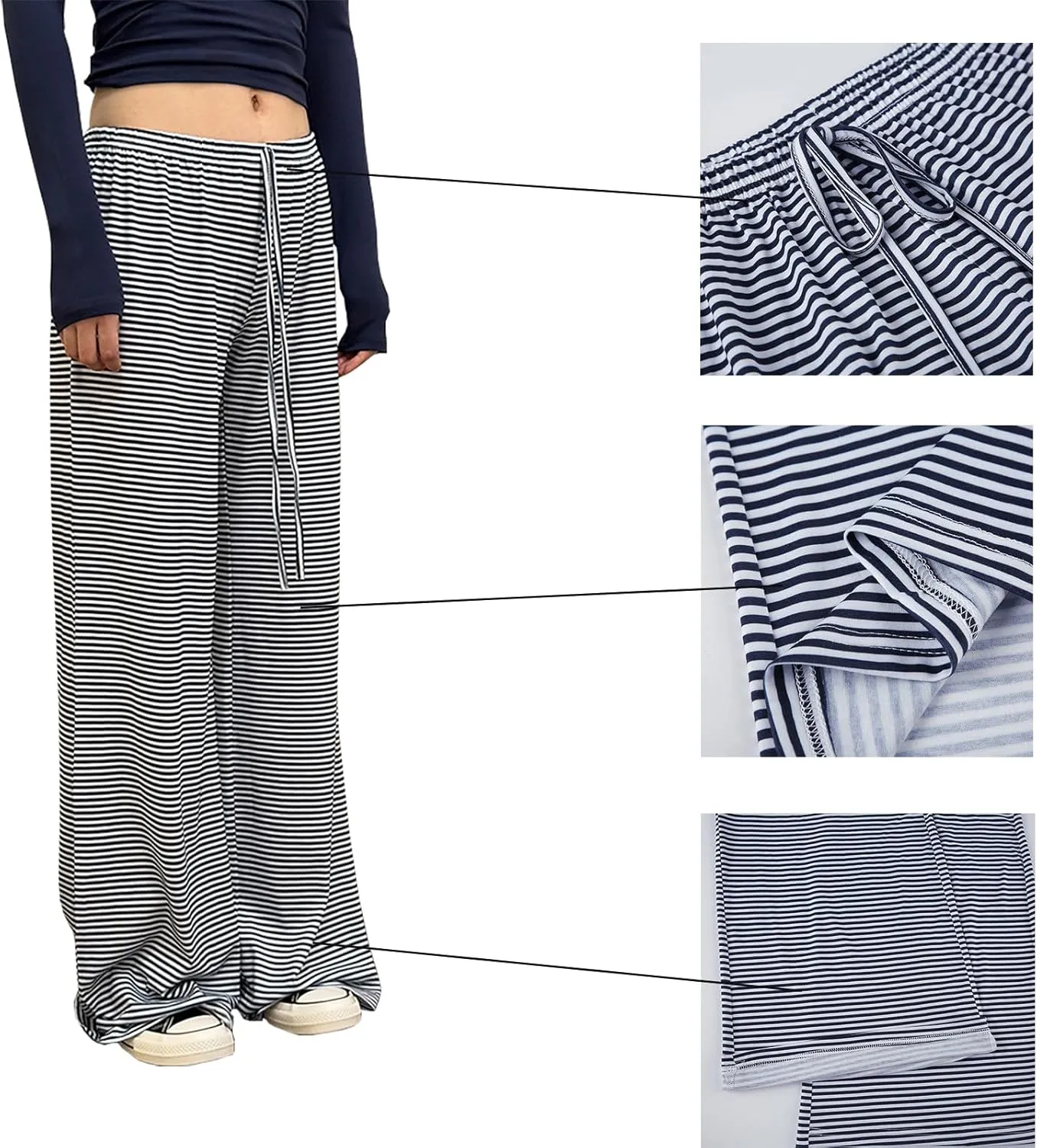 Women's Wide Leg Striped Pajama Pants Casual Elastic Waist Lounge Pants Stretch Pajama Bottoms Trousers