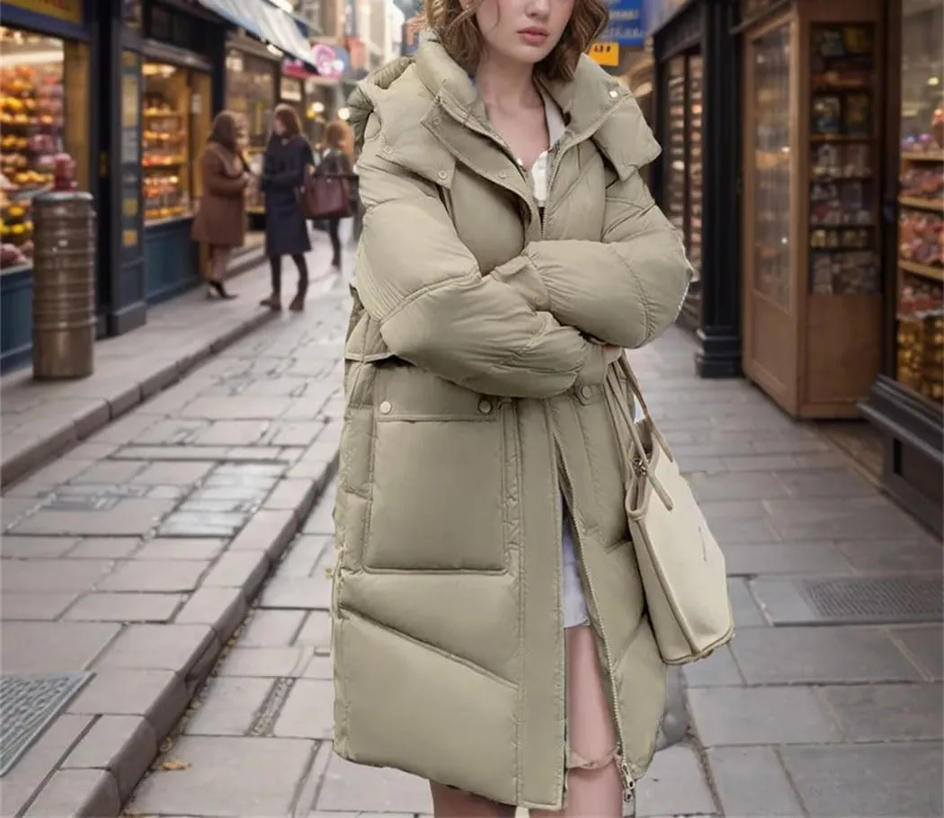 Women's Winter Long Cotton Puffer Jacket Hooded Big Pockets Padded Puffy Coat Thicken Warm Soft Comfort Outerwear