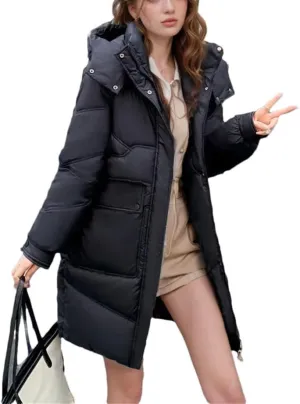 Women's Winter Long Cotton Puffer Jacket Hooded Big Pockets Padded Puffy Coat Thicken Warm Soft Comfort Outerwear
