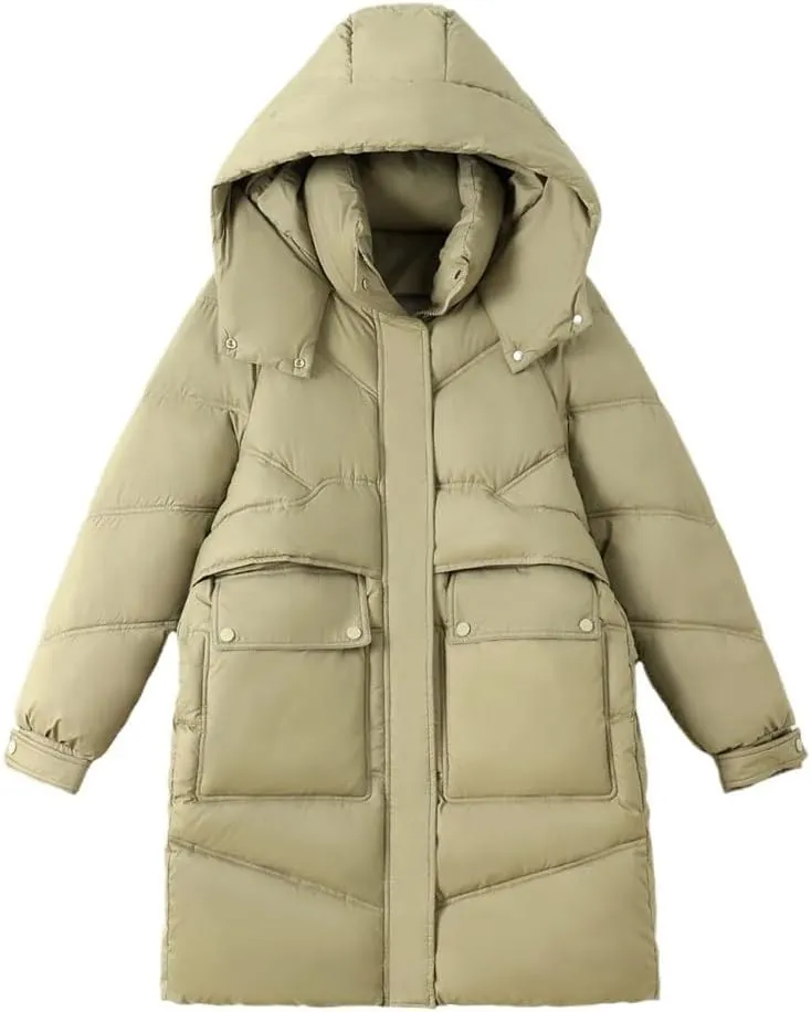 Women's Winter Long Cotton Puffer Jacket Hooded Big Pockets Padded Puffy Coat Thicken Warm Soft Comfort Outerwear