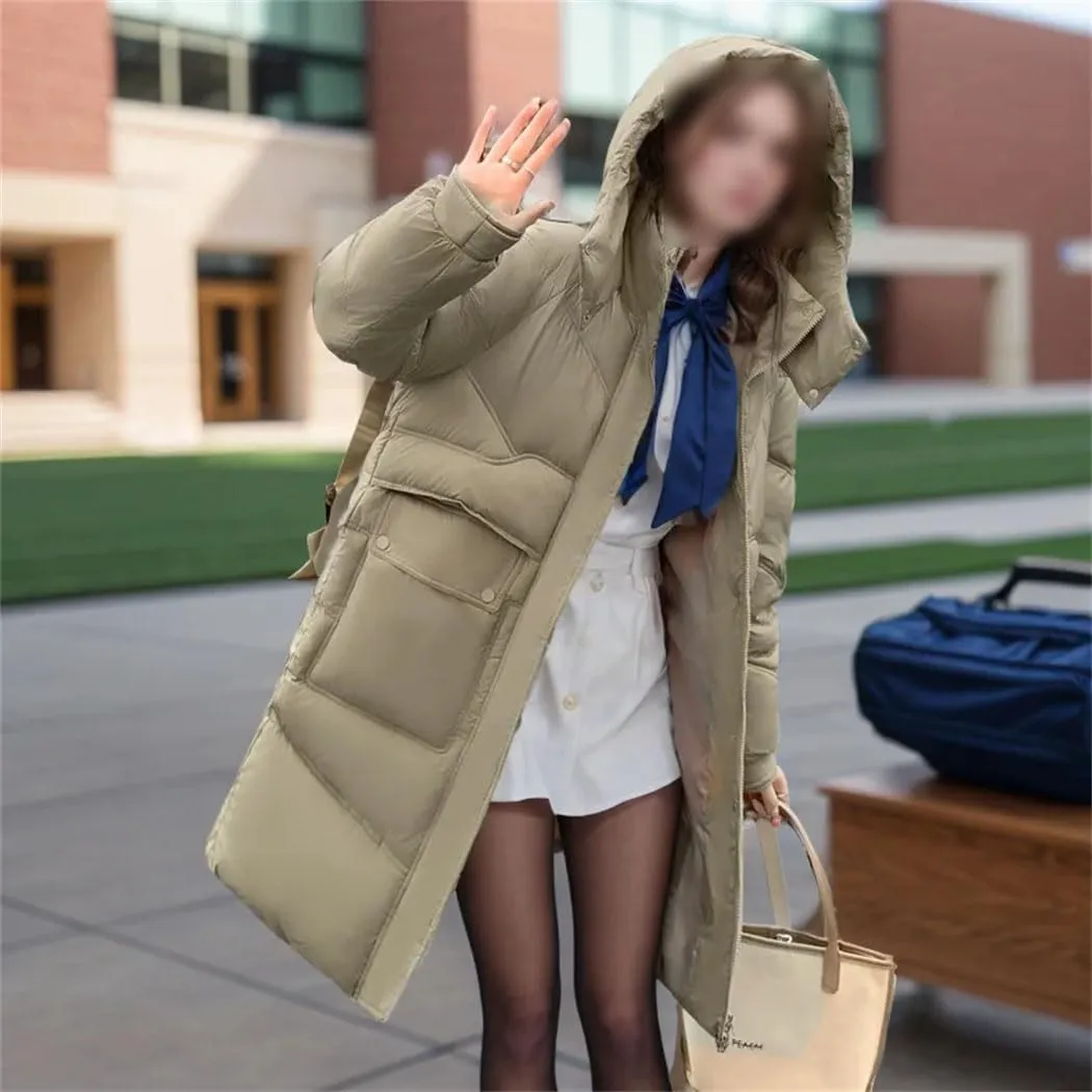 Women's Winter Long Cotton Puffer Jacket Hooded Big Pockets Padded Puffy Coat Thicken Warm Soft Comfort Outerwear