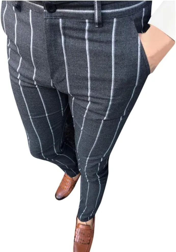 WUAI-Men Chinos Slim Fit Plaid Stretch Flat-Front Skinny Dress Pants Business Work Pencil Lounge Pants