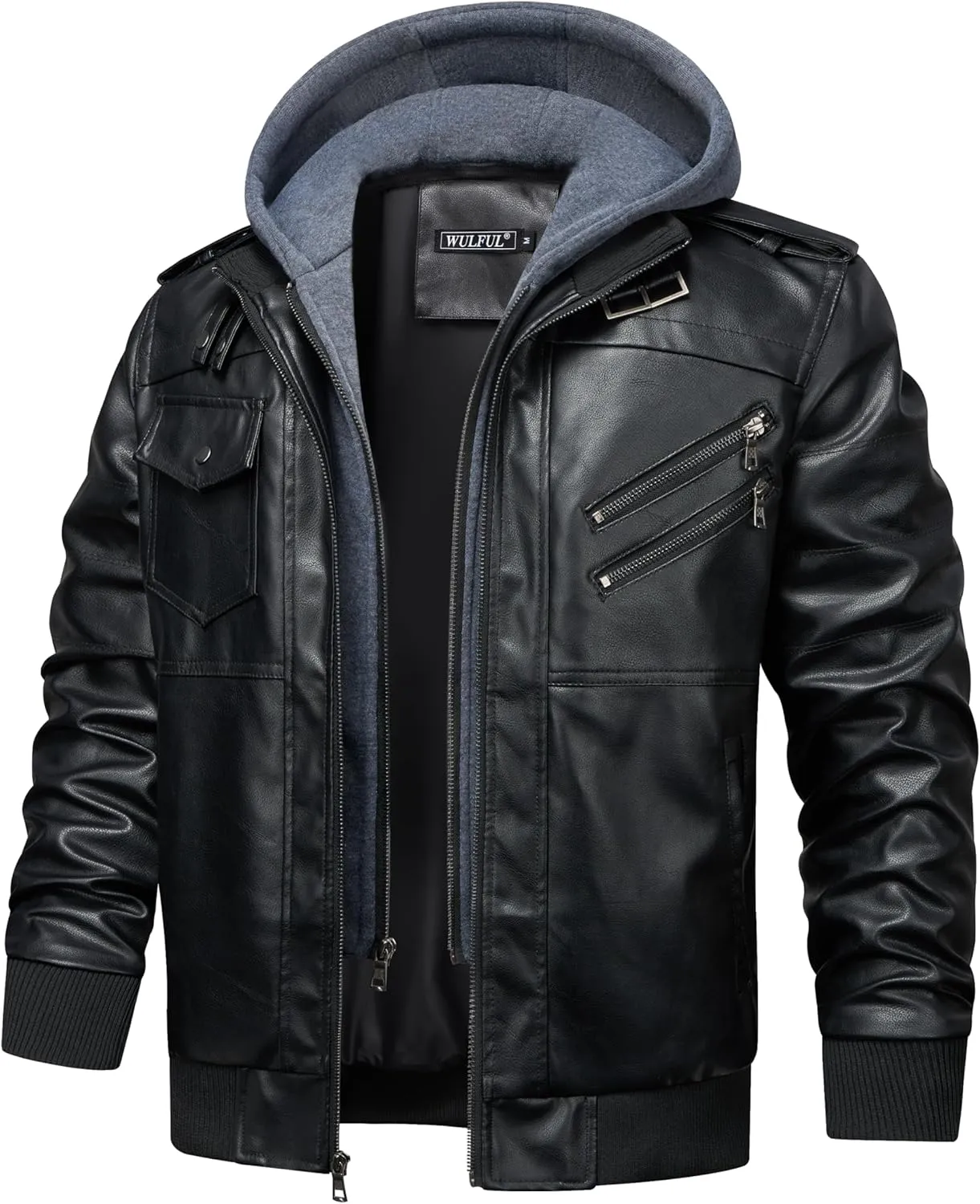 WULFUL Men's Leather Jackets, Faux Leather Jacket for Men Lapel Zip-Up Slim Fit Coat