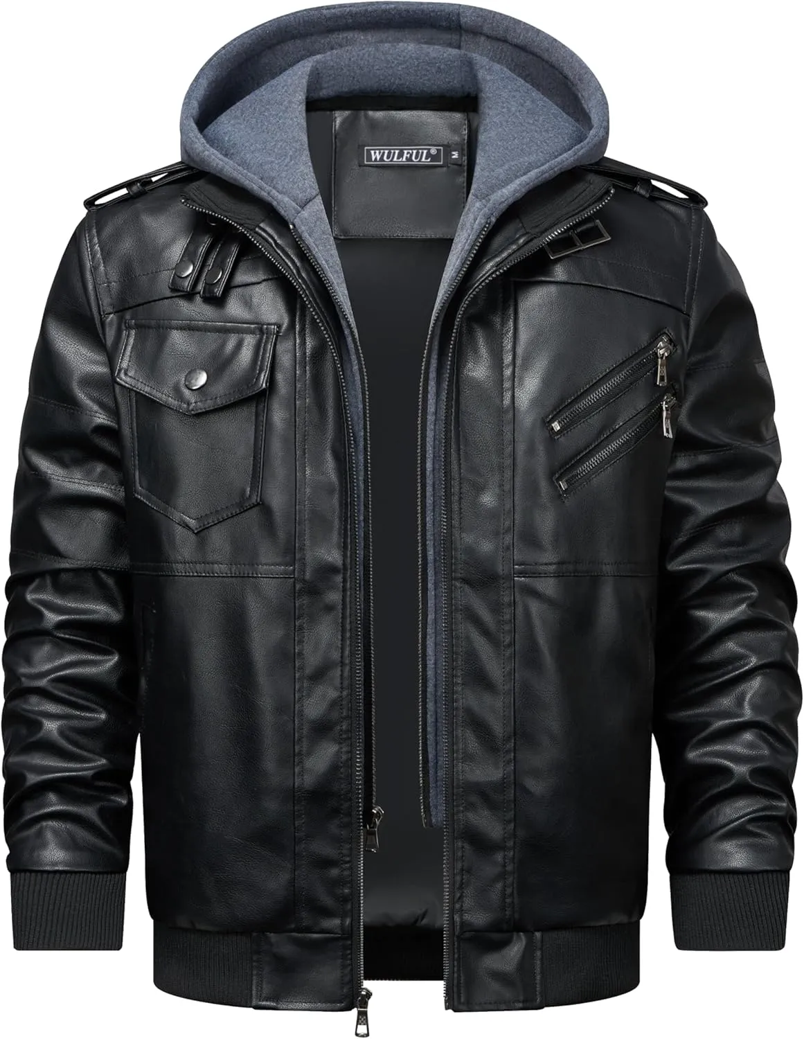 WULFUL Men's Leather Jackets, Faux Leather Jacket for Men Lapel Zip-Up Slim Fit Coat