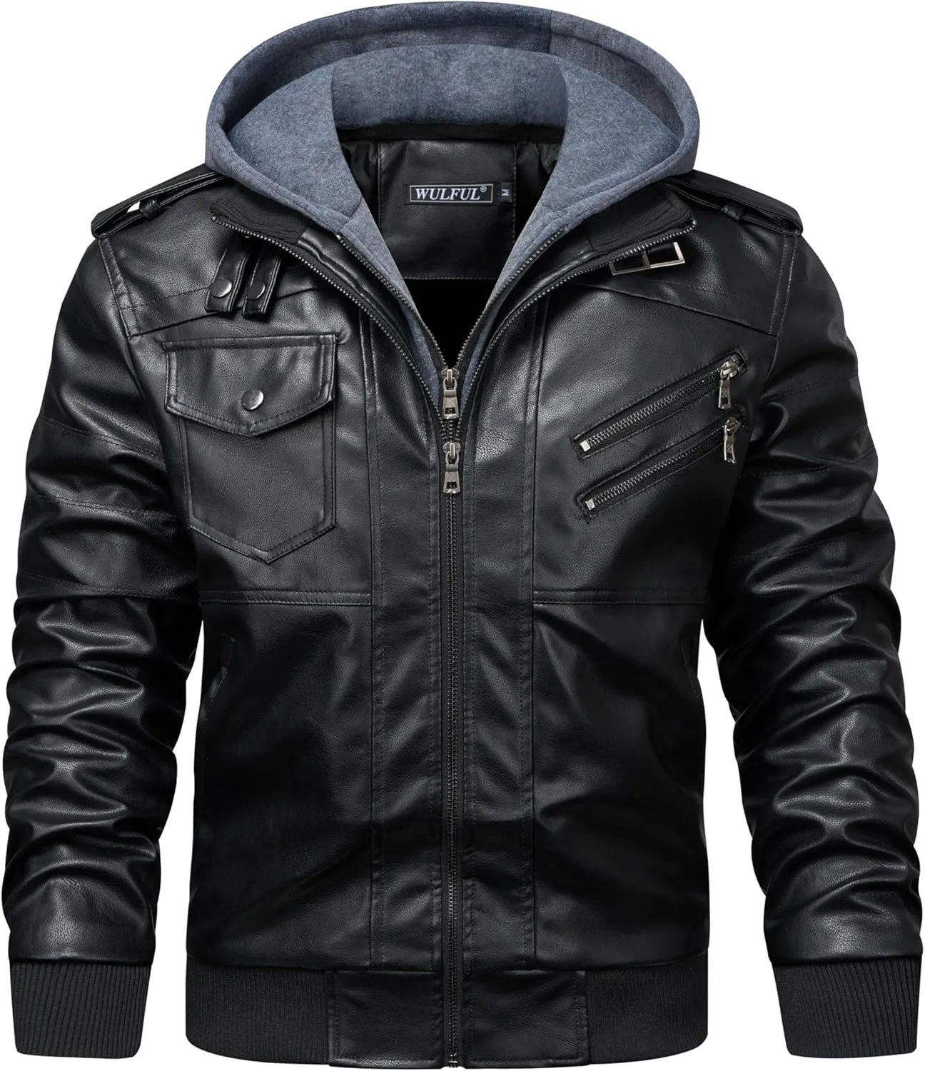 WULFUL Men's Leather Jackets, Faux Leather Jacket for Men Lapel Zip-Up Slim Fit Coat