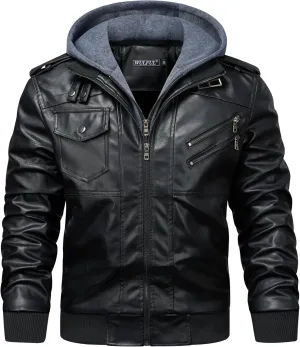 WULFUL Men's Leather Jackets, Faux Leather Jacket for Men Lapel Zip-Up Slim Fit Coat