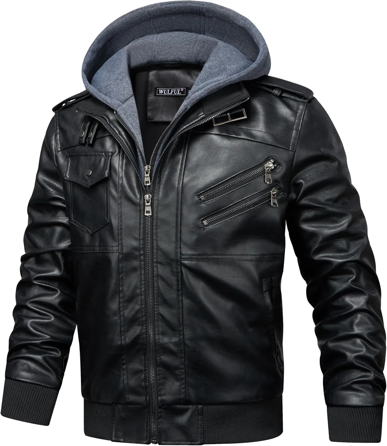 WULFUL Men's Leather Jackets, Faux Leather Jacket for Men Lapel Zip-Up Slim Fit Coat