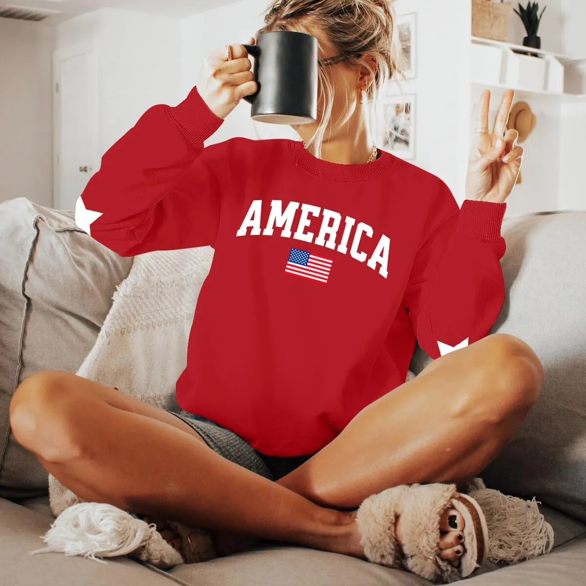 YI XIANG RAN USA Sweatshirt Women: American Shirt 1776 Patriotic TShirt Stars Stripes Glitter Pullover 4th of July Tee Tops