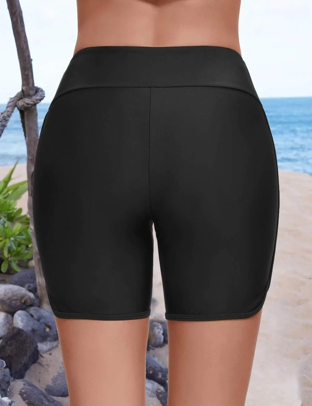 Yilisha Womens Tummy Control Swim Shorts Black Plus Size High Waisted Bikini Bottoms Swimsuit Shorts Swim Bottoms Swimwear