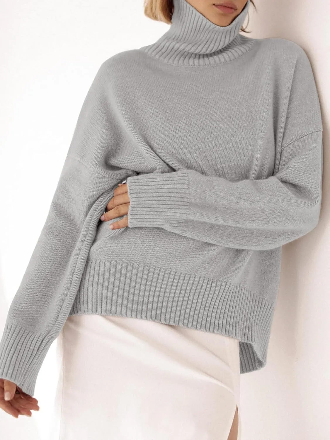 YKR Women's Turtleneck Sweater Chunky Long Sleeve Knitted Pullover High Low Hem Trendy 2024 Fall Winter Basic Jumper Top