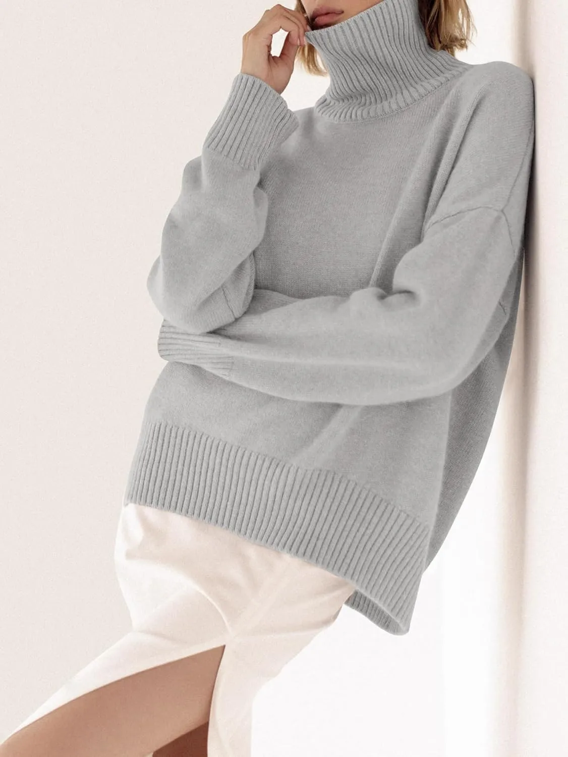 YKR Women's Turtleneck Sweater Chunky Long Sleeve Knitted Pullover High Low Hem Trendy 2024 Fall Winter Basic Jumper Top