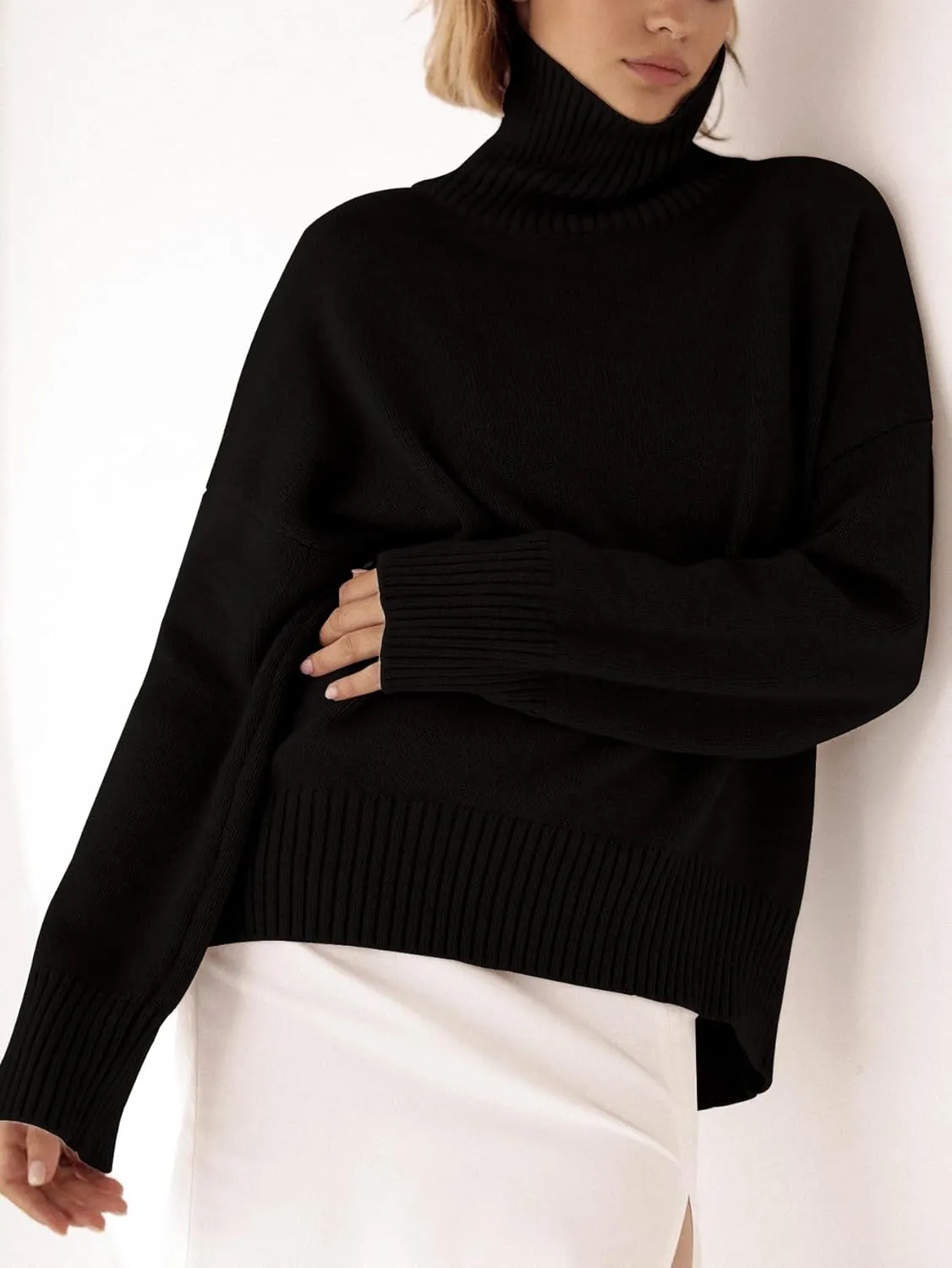 YKR Women's Turtleneck Sweater Chunky Long Sleeve Knitted Pullover High Low Hem Trendy 2024 Fall Winter Basic Jumper Top