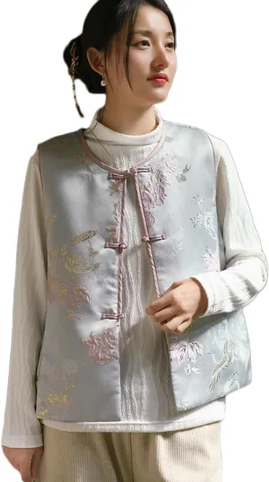 Ystylee Women's Fall Winter Vests Warm Soft Quilted Chinese Traditional Embroidered Tang Suit Sleeveless Outwear