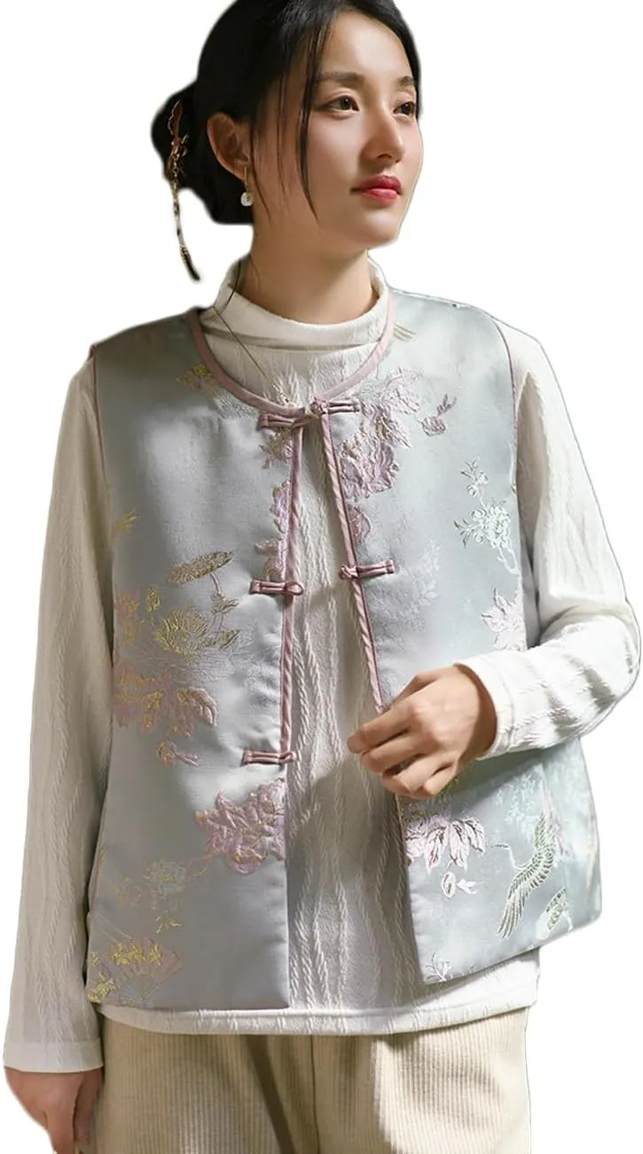 Ystylee Women's Fall Winter Vests Warm Soft Quilted Chinese Traditional Embroidered Tang Suit Sleeveless Outwear