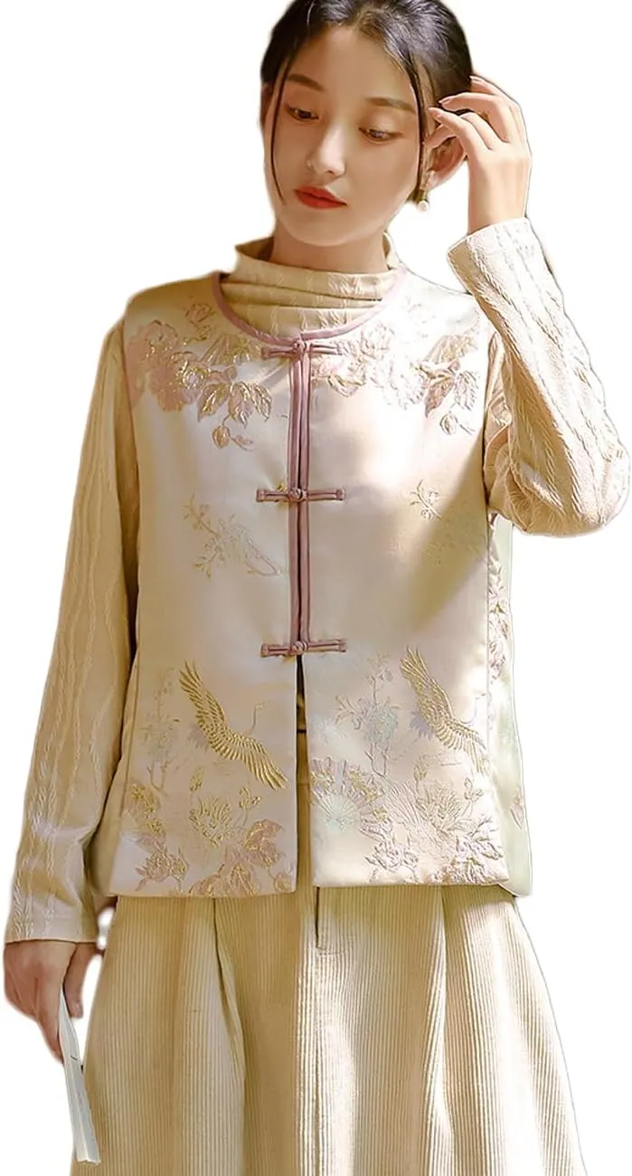 Ystylee Women's Fall Winter Vests Warm Soft Quilted Chinese Traditional Embroidered Tang Suit Sleeveless Outwear