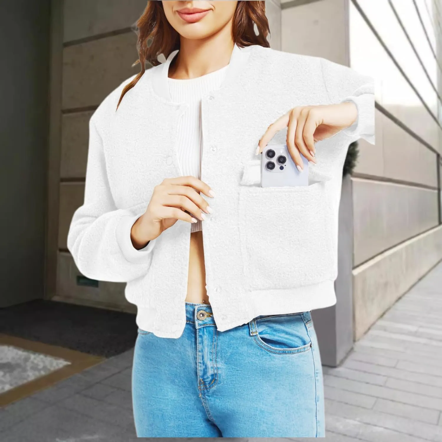 YSW Womens Cropped Bomber Jacket Baseball Varsity Jacket Casual Jackets with Pockets Button Down Chaquetas de Mujer