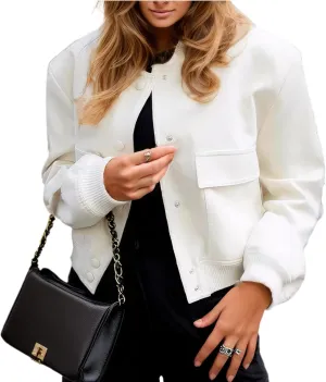 YSW Womens Cropped Bomber Jacket Baseball Varsity Jacket Casual Jackets with Pockets Button Down Chaquetas de Mujer