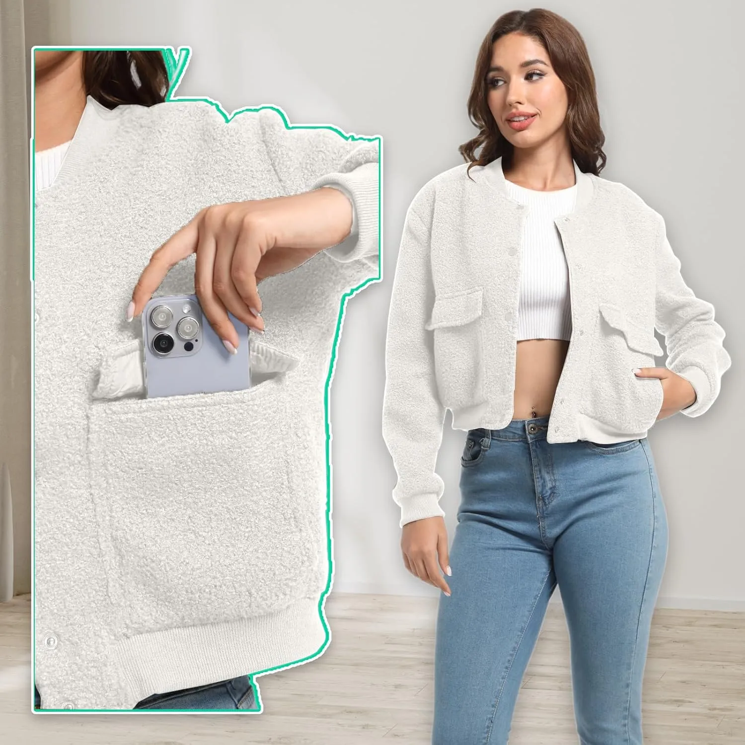 YSW Womens Cropped Bomber Jacket Baseball Varsity Jacket Casual Jackets with Pockets Button Down Chaquetas de Mujer