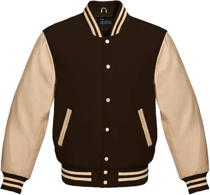 Zaine Enterprises Men's Classic Varsity Letterman Jacket - Multiy Wool Body & Cream Leather Sleeves Vintage Baseball Style