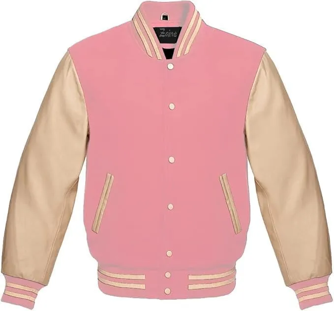 Zaine Enterprises Men's Classic Varsity Letterman Jacket - Multiy Wool Body & Cream Leather Sleeves Vintage Baseball Style