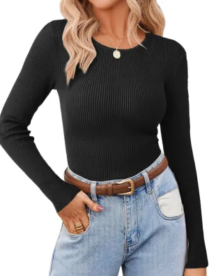 Zeagoo Women's Long Sleeve Ribbed Shirt 2025 Fall Knit Sweater Basic Slim Fit Tops Crewneck Cute Outfits