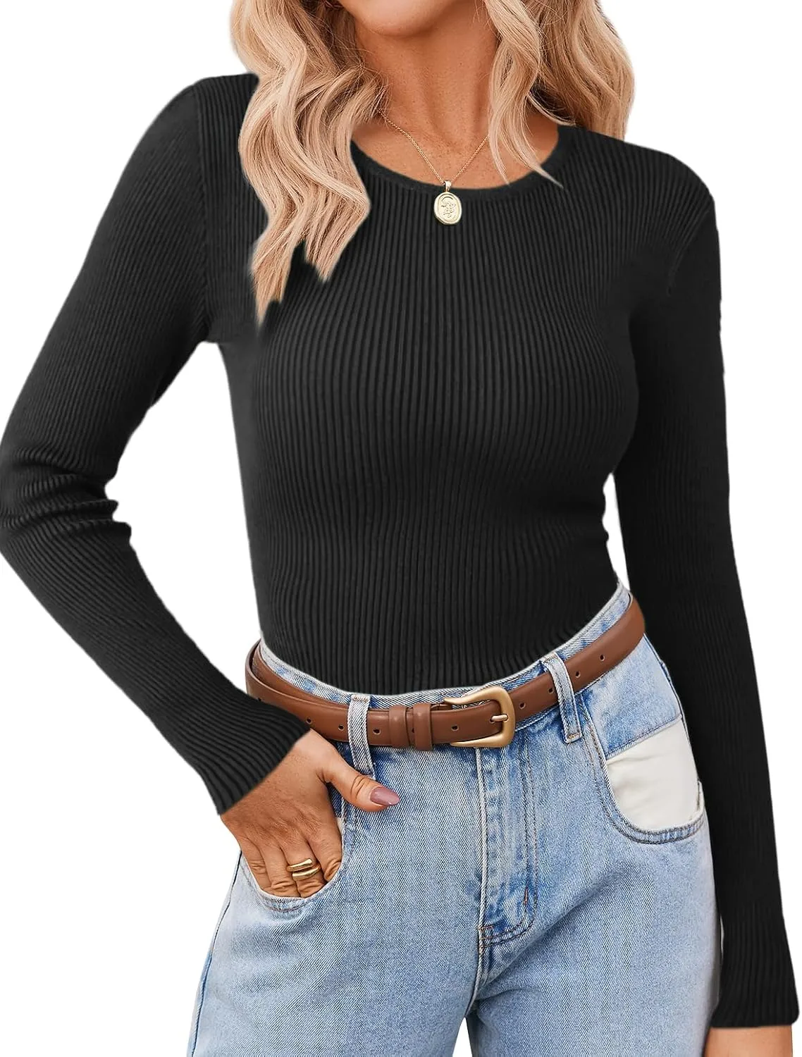 Zeagoo Women's Long Sleeve Ribbed Shirt 2025 Fall Knit Sweater Basic Slim Fit Tops Crewneck Cute Outfits