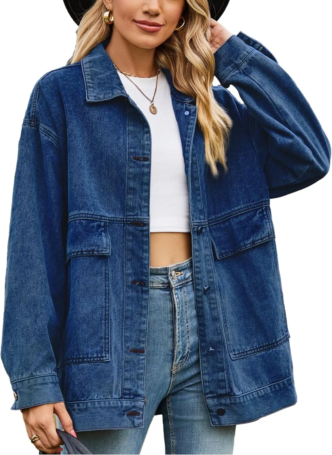 Zontroldy Oversized Denim Jakcet for Women Classic Lapel Long Sleeve Denim Jean Shakcet Jacket with Pockets