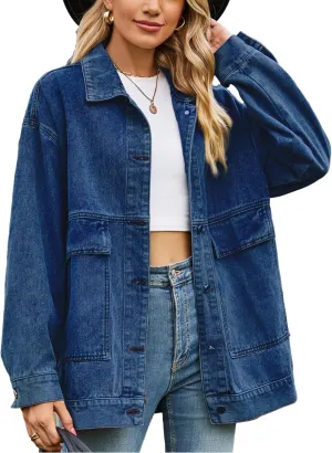 Zontroldy Oversized Denim Jakcet for Women Classic Lapel Long Sleeve Denim Jean Shakcet Jacket with Pockets