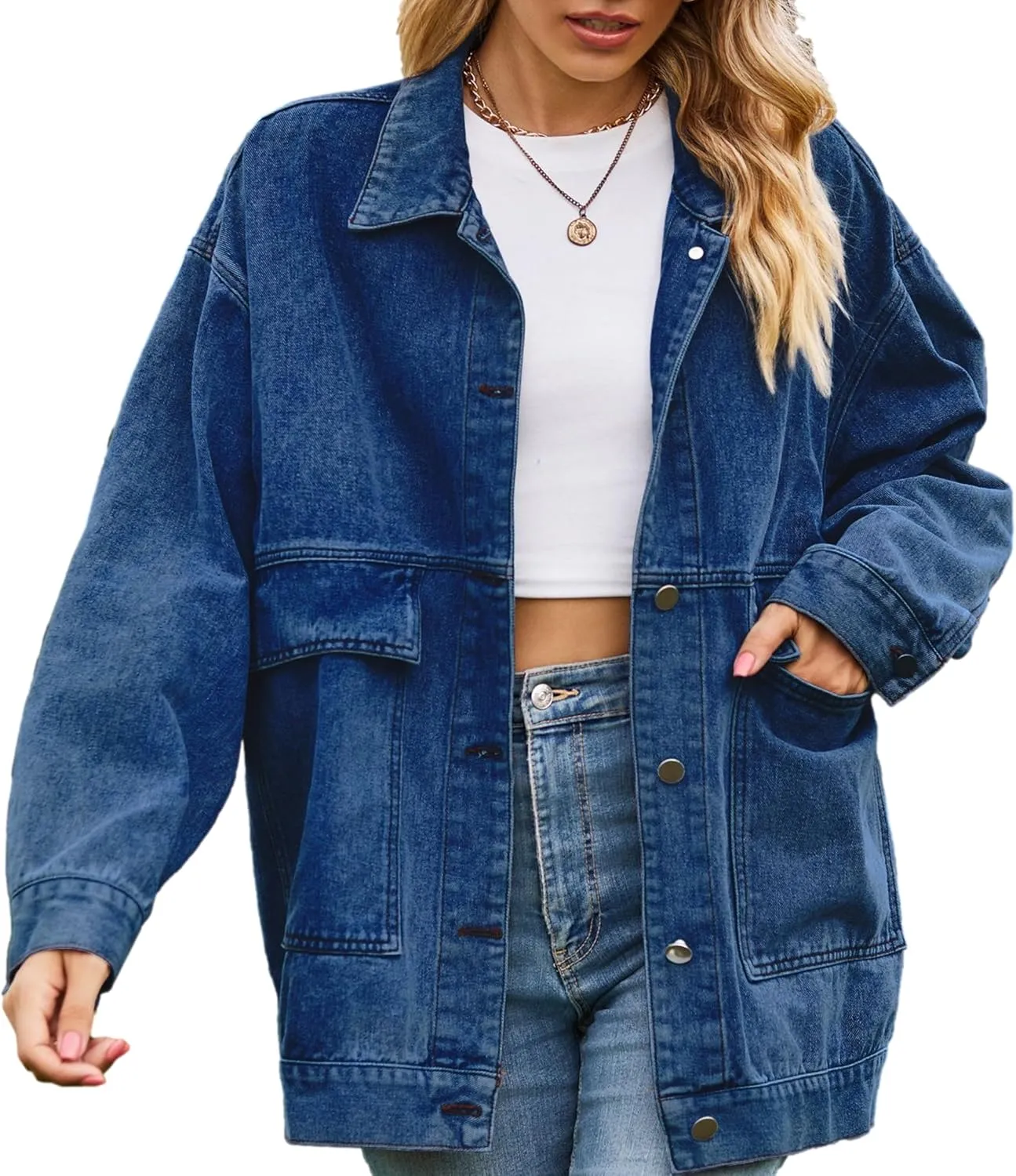 Zontroldy Oversized Denim Jakcet for Women Classic Lapel Long Sleeve Denim Jean Shakcet Jacket with Pockets