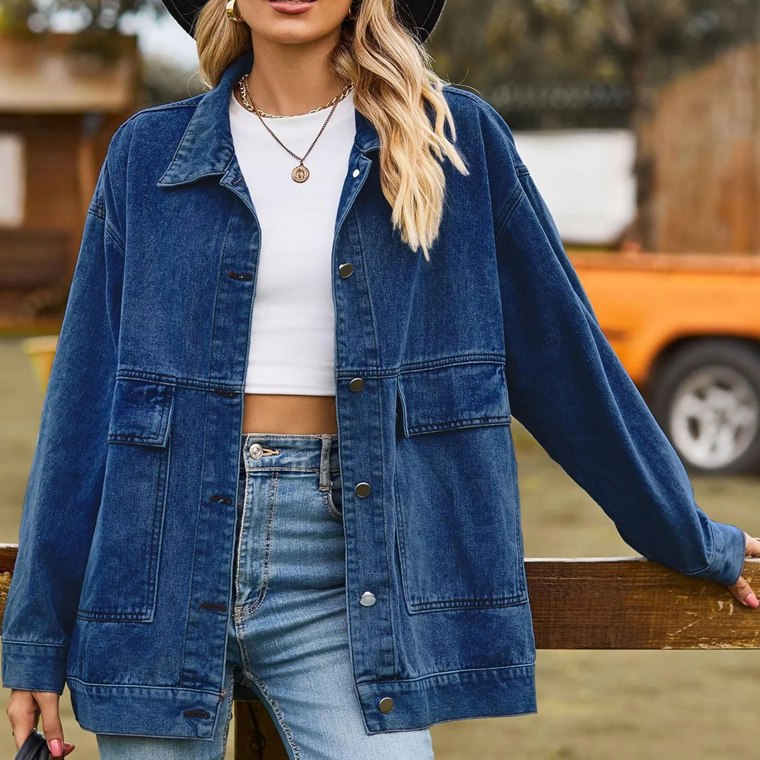 Zontroldy Oversized Denim Jakcet for Women Classic Lapel Long Sleeve Denim Jean Shakcet Jacket with Pockets