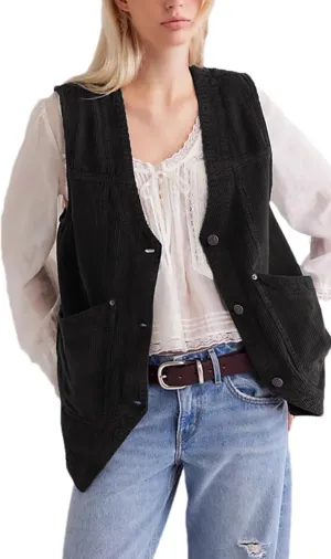 Zontroldy Women's Vintage V Neck Corduroy Vests Sleeveless Button Down Cardigan Outerwear with Pockets