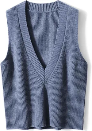 ZUEVI Women's Sweater Vest V Neck Sleeveless Pullover Knitwear Tops Casual Trendy Solid Crop Knitted Sweaters Vests
