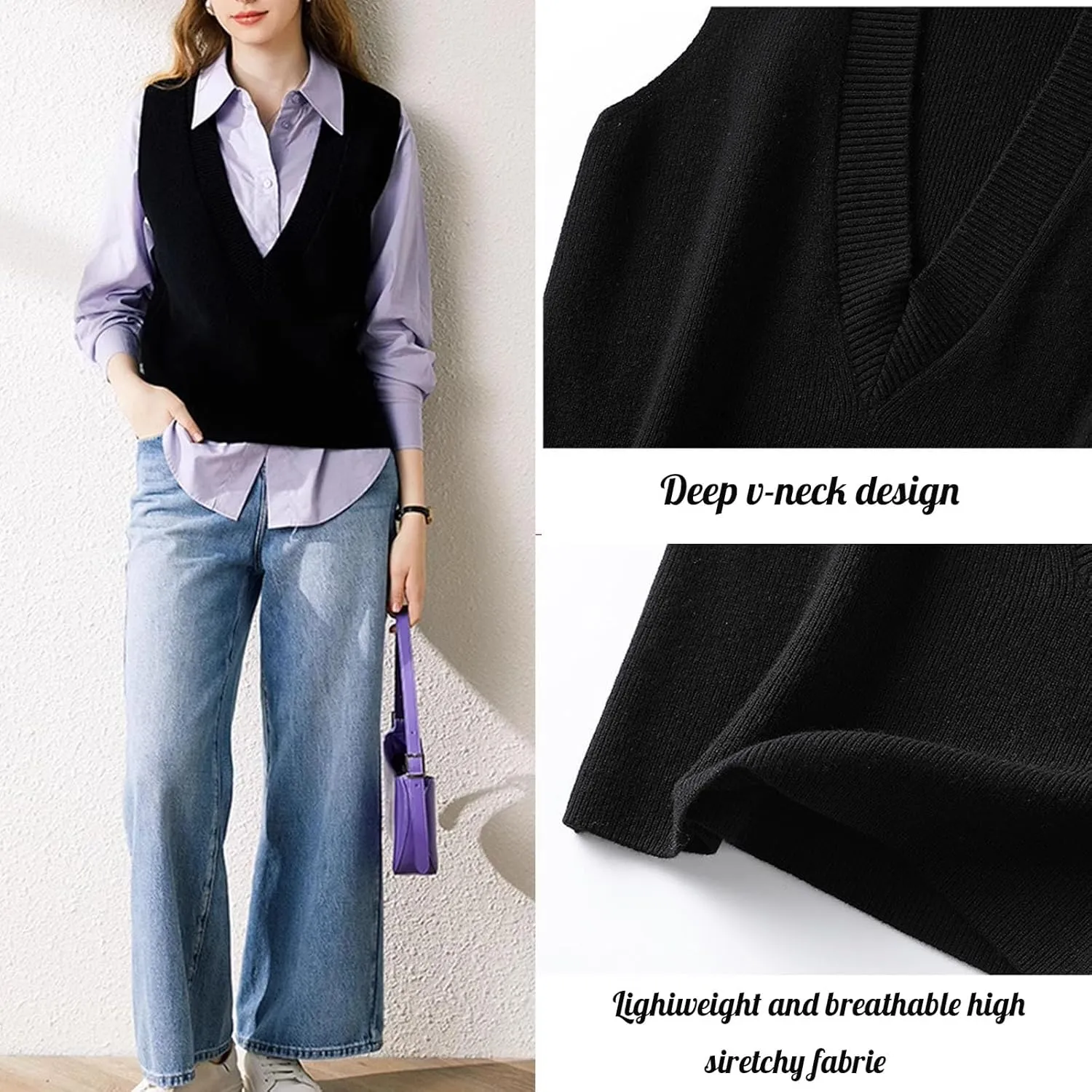 ZUEVI Women's Sweater Vest V Neck Sleeveless Pullover Knitwear Tops Casual Trendy Solid Crop Knitted Sweaters Vests