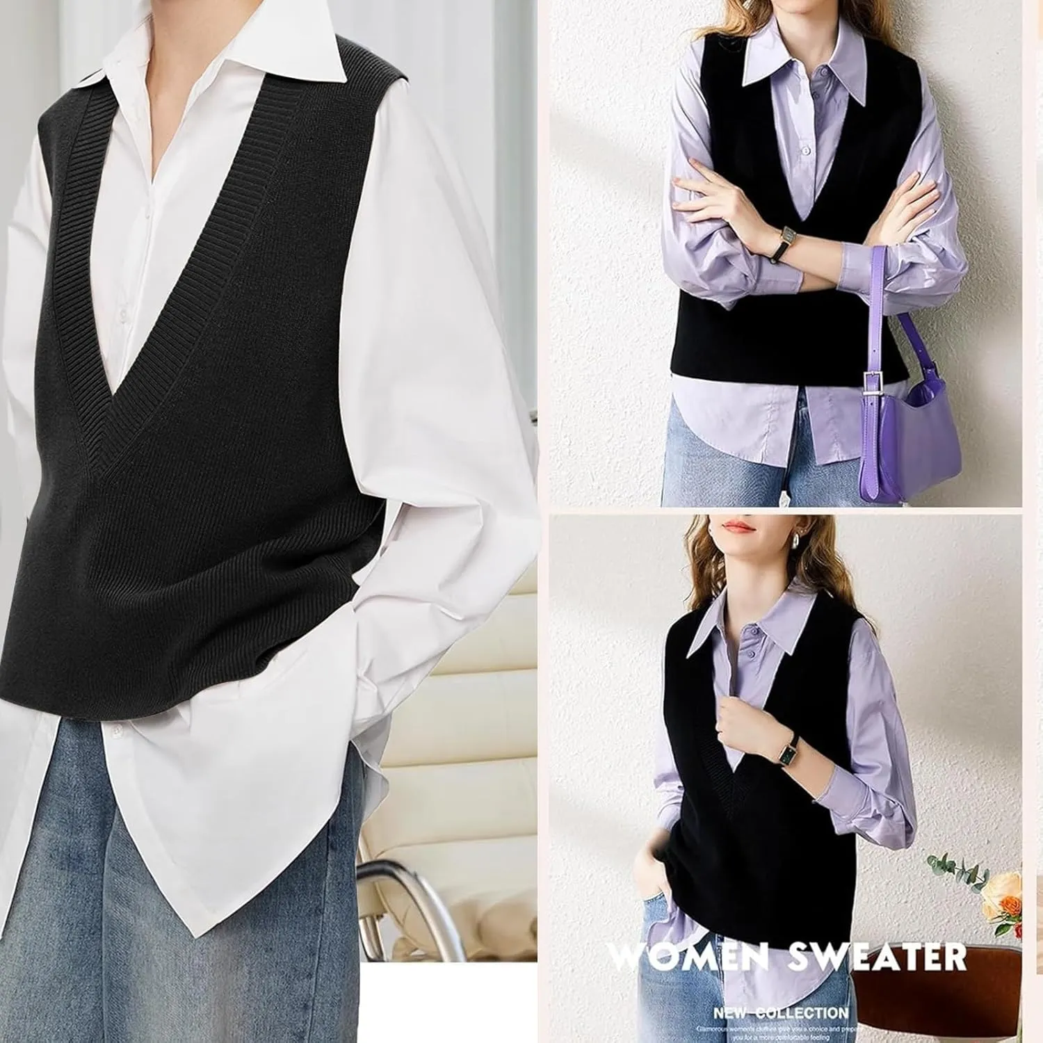 ZUEVI Women's Sweater Vest V Neck Sleeveless Pullover Knitwear Tops Casual Trendy Solid Crop Knitted Sweaters Vests