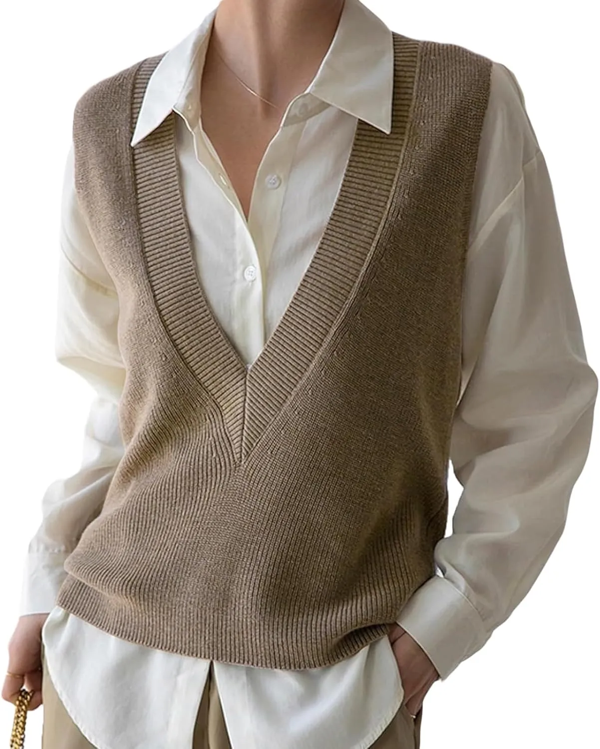 ZUEVI Women's Sweater Vest V Neck Sleeveless Pullover Knitwear Tops Casual Trendy Solid Crop Knitted Sweaters Vests